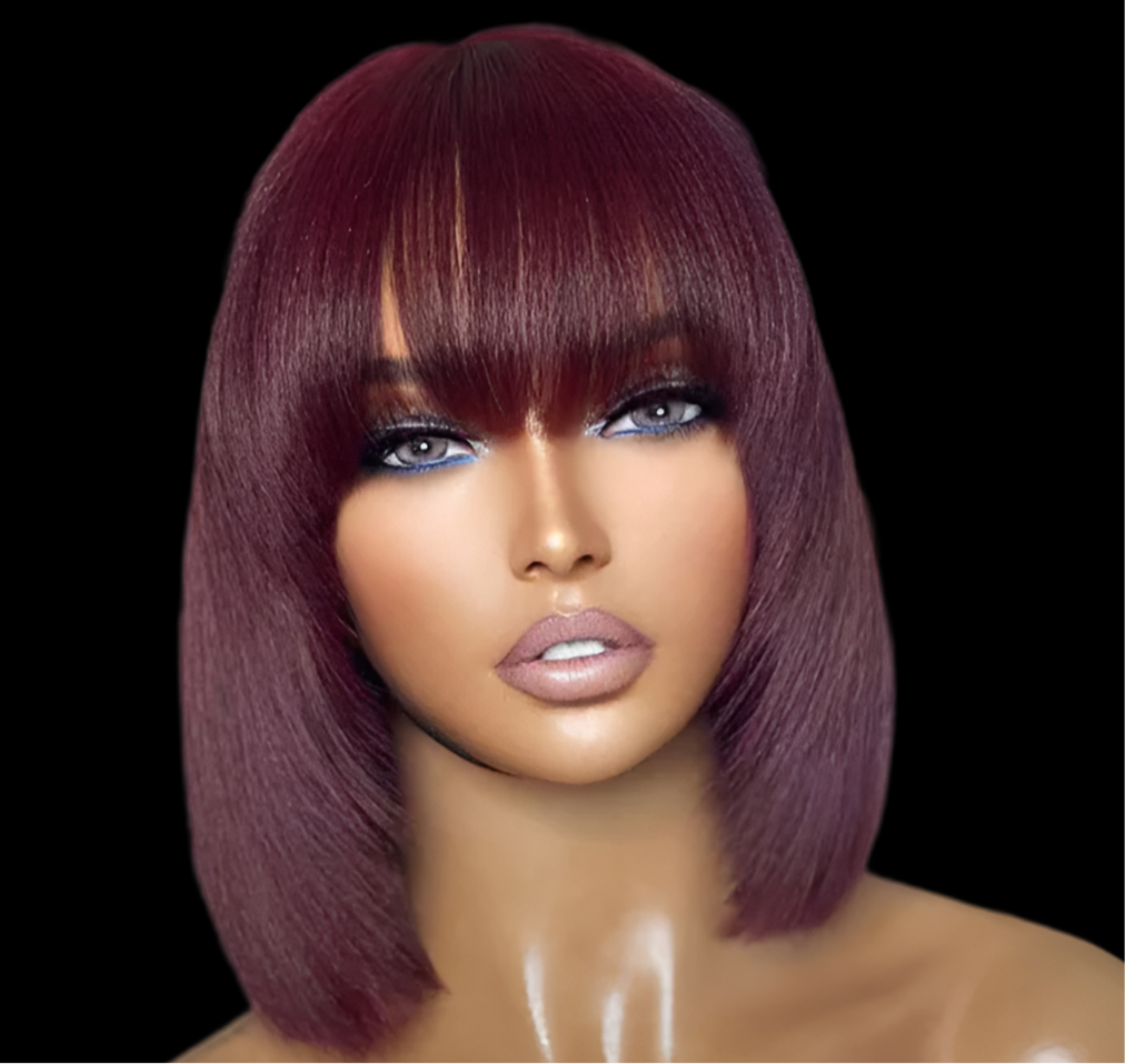 Wig-10 Inches Reddish Purple Layered Cut Yaki Straight #99J Lace Bob Wig With Bangs