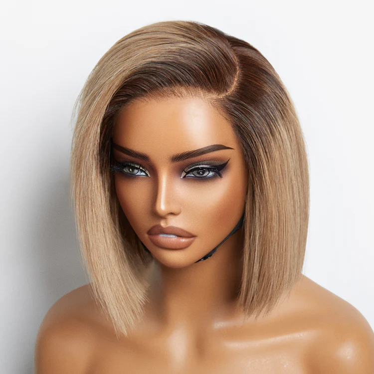 Wig-8 Inch Ash Blonde Ombre Blunt Cut Bob Glueless Minimalist HD Lace Ready To Go Short Bob Wig