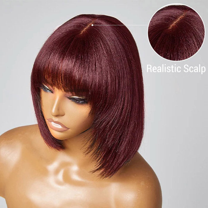 Wig-10 Inches Reddish Purple Layered Cut Yaki Straight #99J Lace Bob Wig With Bangs