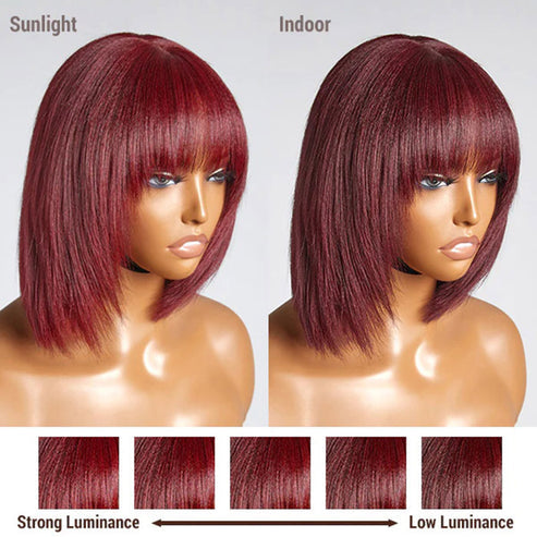 Wig-10 Inches Reddish Purple Layered Cut Yaki Straight #99J Lace Bob Wig With Bangs