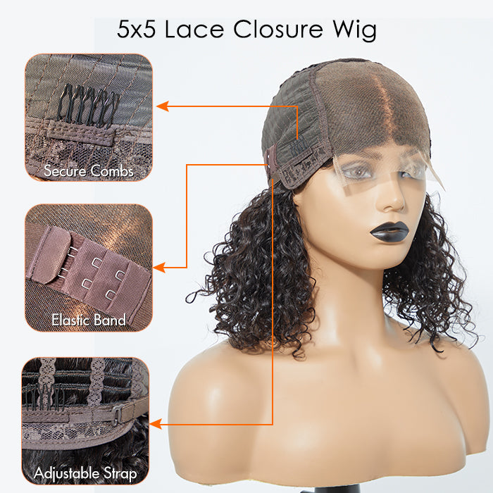Wig-5x5 Glueless Lace Closure Bob Wig 150% Density Water Wave