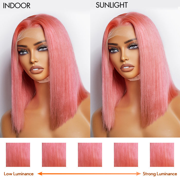 Wig-12 Inches Pre-Wig- Plucked 13"x4" #Pink Straight Bob Lace Frontal Wig 150% Density-100% Human Hair