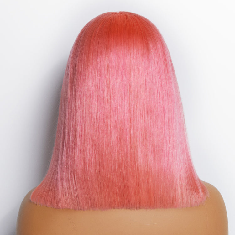 Wig-12 Inches Pre-Wig- Plucked 13"x4" #Pink Straight Bob Lace Frontal Wig 150% Density-100% Human Hair