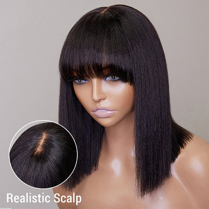 Wig-12 Inch Realistic Yaki Straight Bob With Bangs 2x1 Minimalist Lace Wig 150% Density