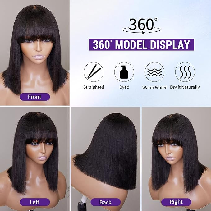 Wig-12 Inch Realistic Yaki Straight Bob With Bangs 2x1 Minimalist Lace Wig 150% Density