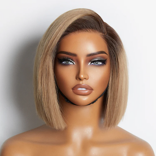 Wig-8 Inch Ash Blonde Ombre Blunt Cut Bob Glueless Minimalist HD Lace Ready To Go Short Bob Wig