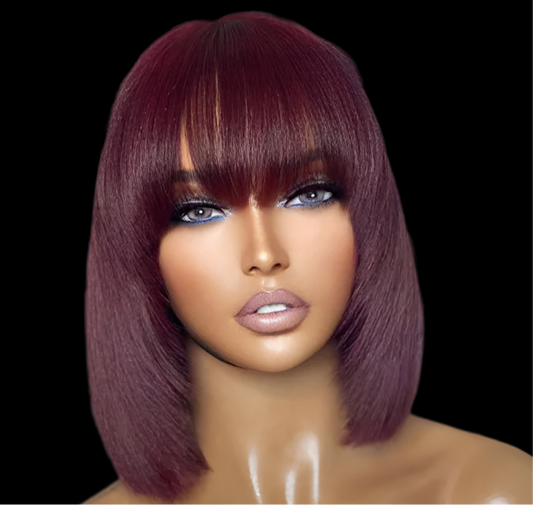 Wig-10 Inches Reddish Purple Layered Cut Yaki Straight #99J Lace Bob Wig With Bangs