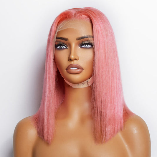 Wig-12 Inches Pre-Wig- Plucked 13"x4" #Pink Straight Bob Lace Frontal Wig 150% Density-100% Human Hair