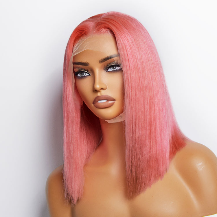 Wig-12 Inches Pre-Wig- Plucked 13"x4" #Pink Straight Bob Lace Frontal Wig 150% Density-100% Human Hair