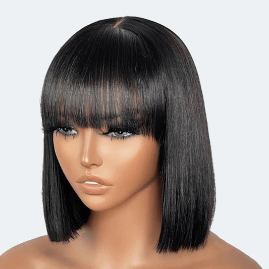 Wig-12 Inch Realistic Yaki Straight Bob With Bangs 2x1 Minimalist Lace Wig 150% Density
